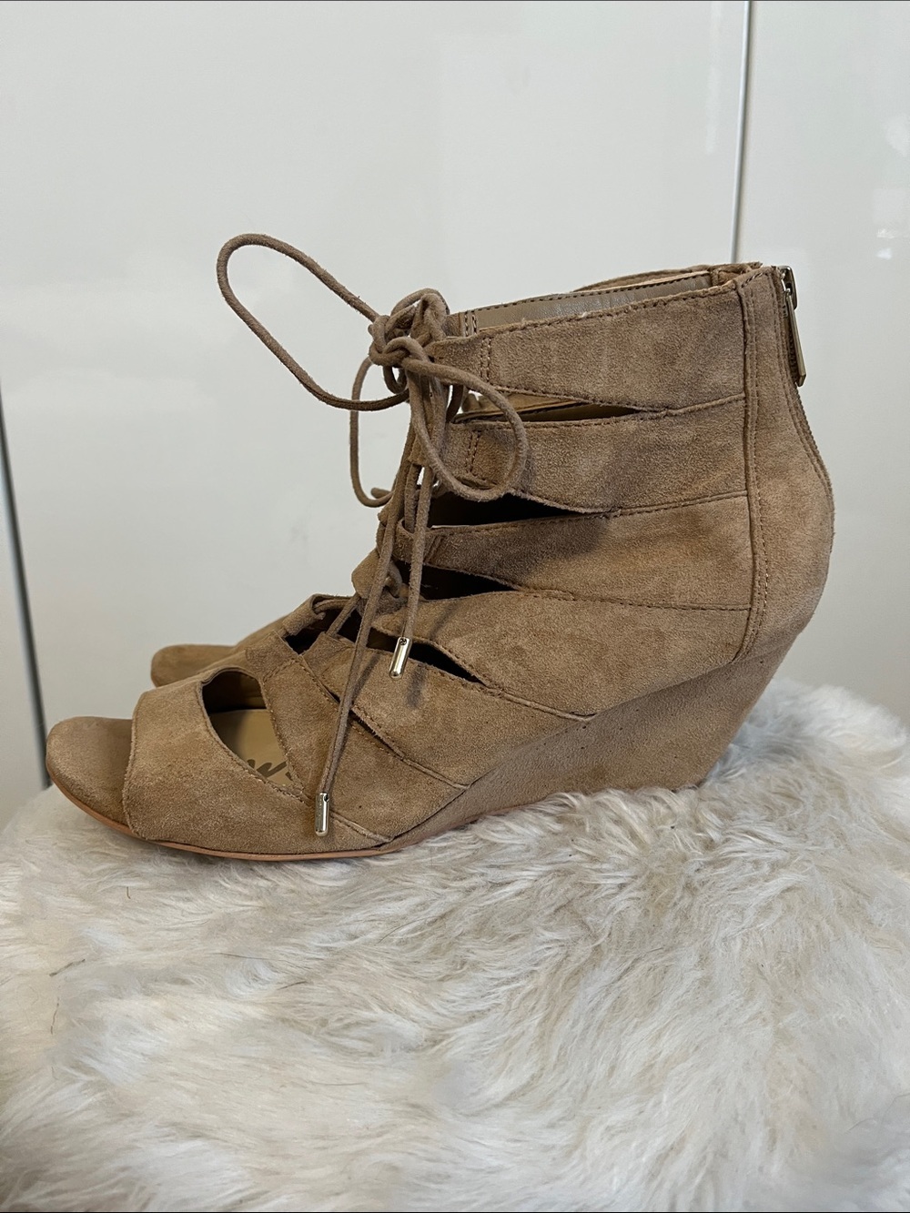 Sam Edelman Tan Suede Lace-Up Wedge Sandal, Size 8.5